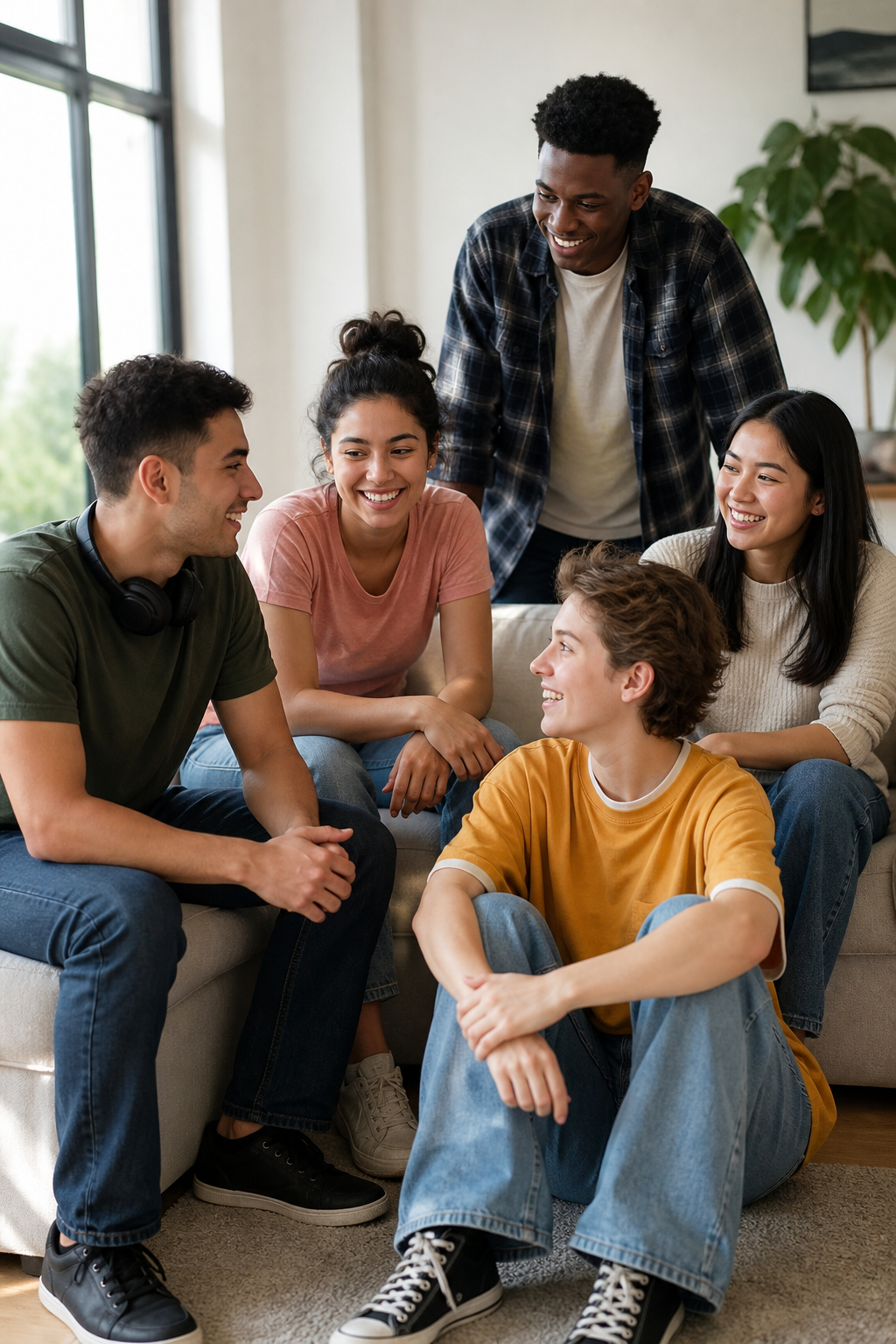 A diverse group of young adults smiling together in a bright, welcoming home.